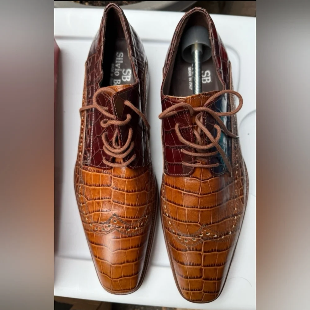 Stylish Two-Tone Brown Crocodile Men's Brogues. 43.5 (10.5) Silvio Belli. Welted - Picture 1 of 8